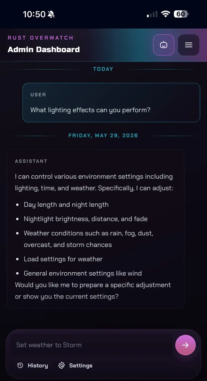 Rust Overwatch AI assistant in the admin dashboard on mobile.