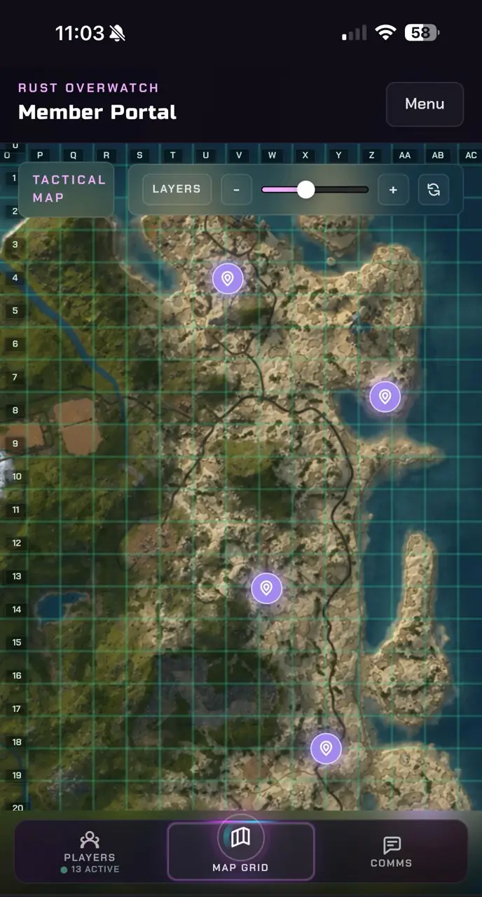 Rust Overwatch member portal tactical map on mobile.