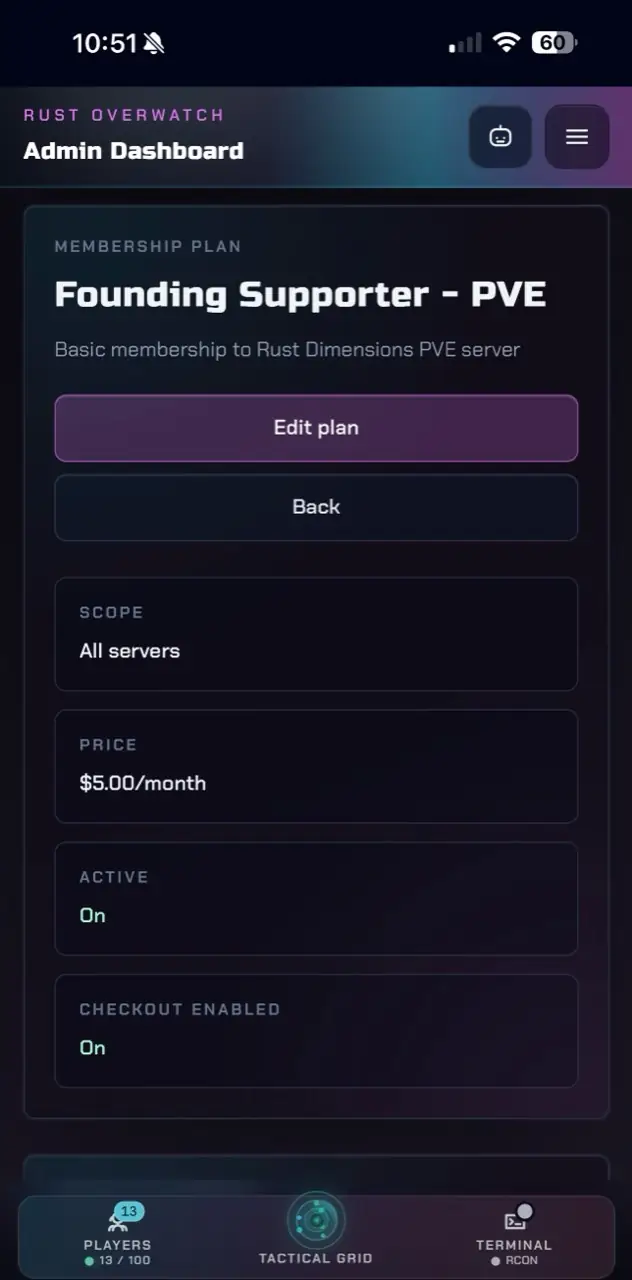 Rust Overwatch membership plan details on mobile.