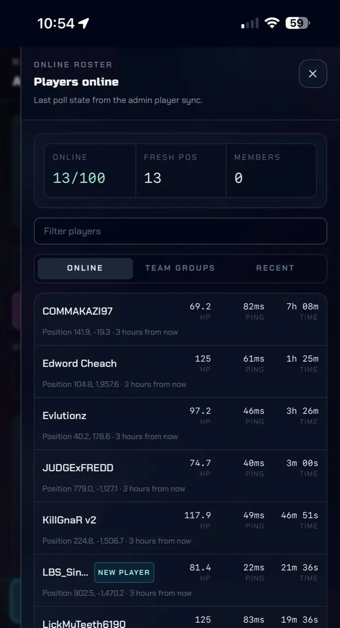 Rust Overwatch online player roster on mobile.