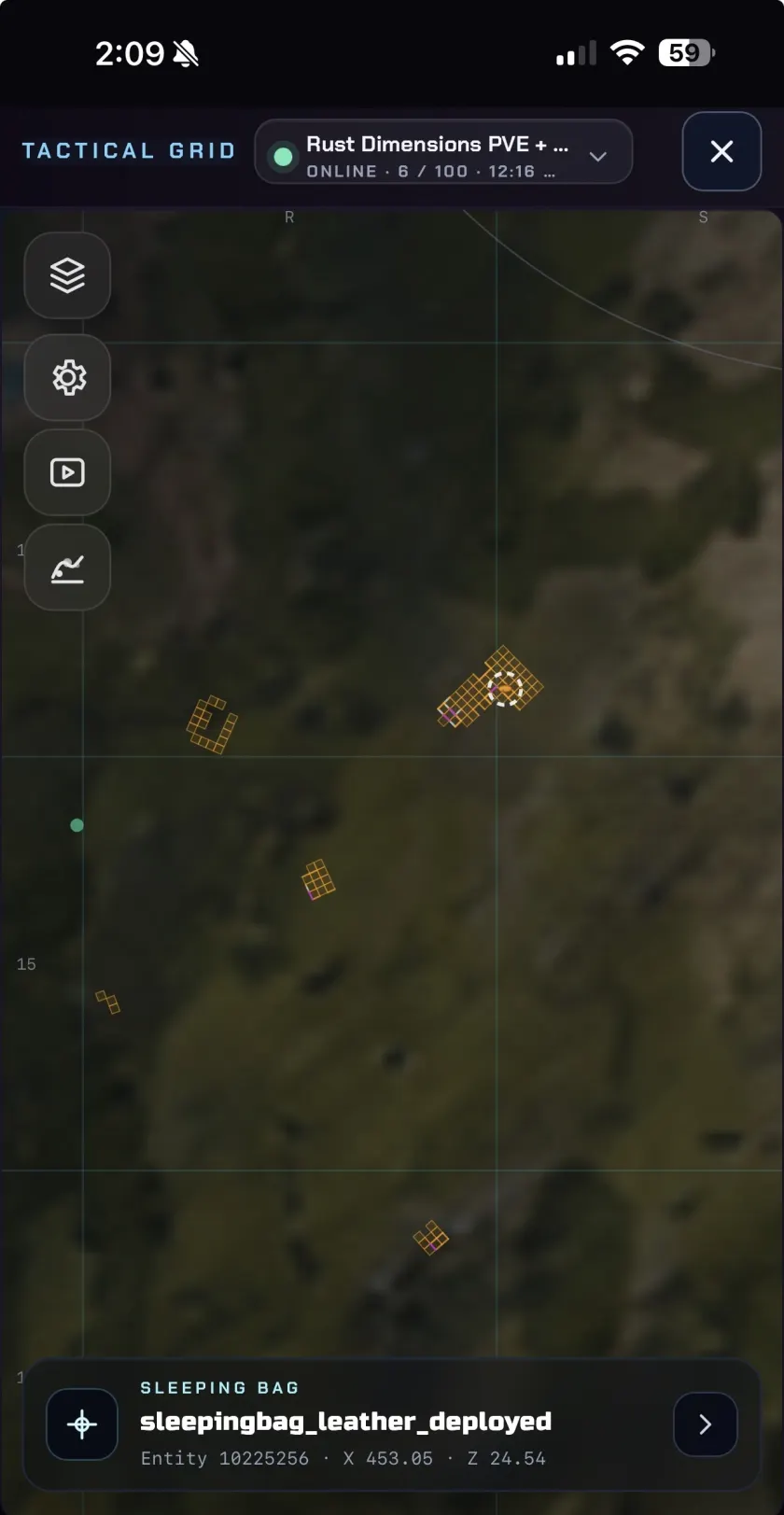 Rust Overwatch tactical grid sleeping bag overlay on mobile.