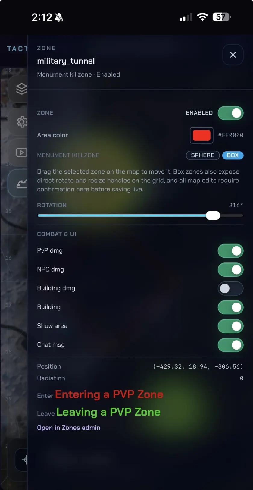 Rust Overwatch tactical grid zone editing panel on mobile.