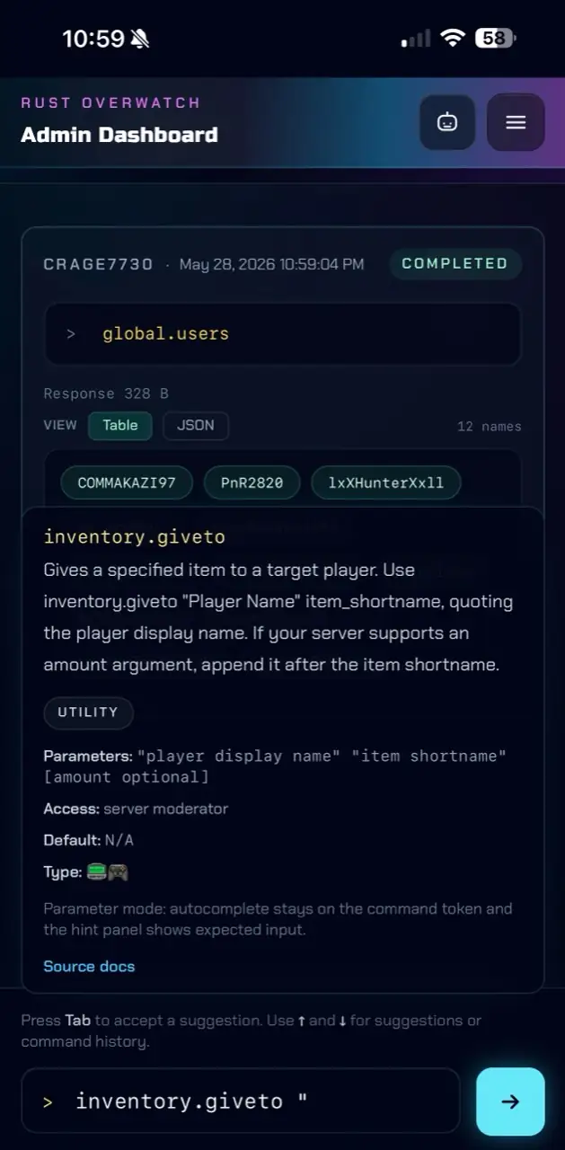 Rust Overwatch RCON terminal autocomplete and command documentation on mobile.