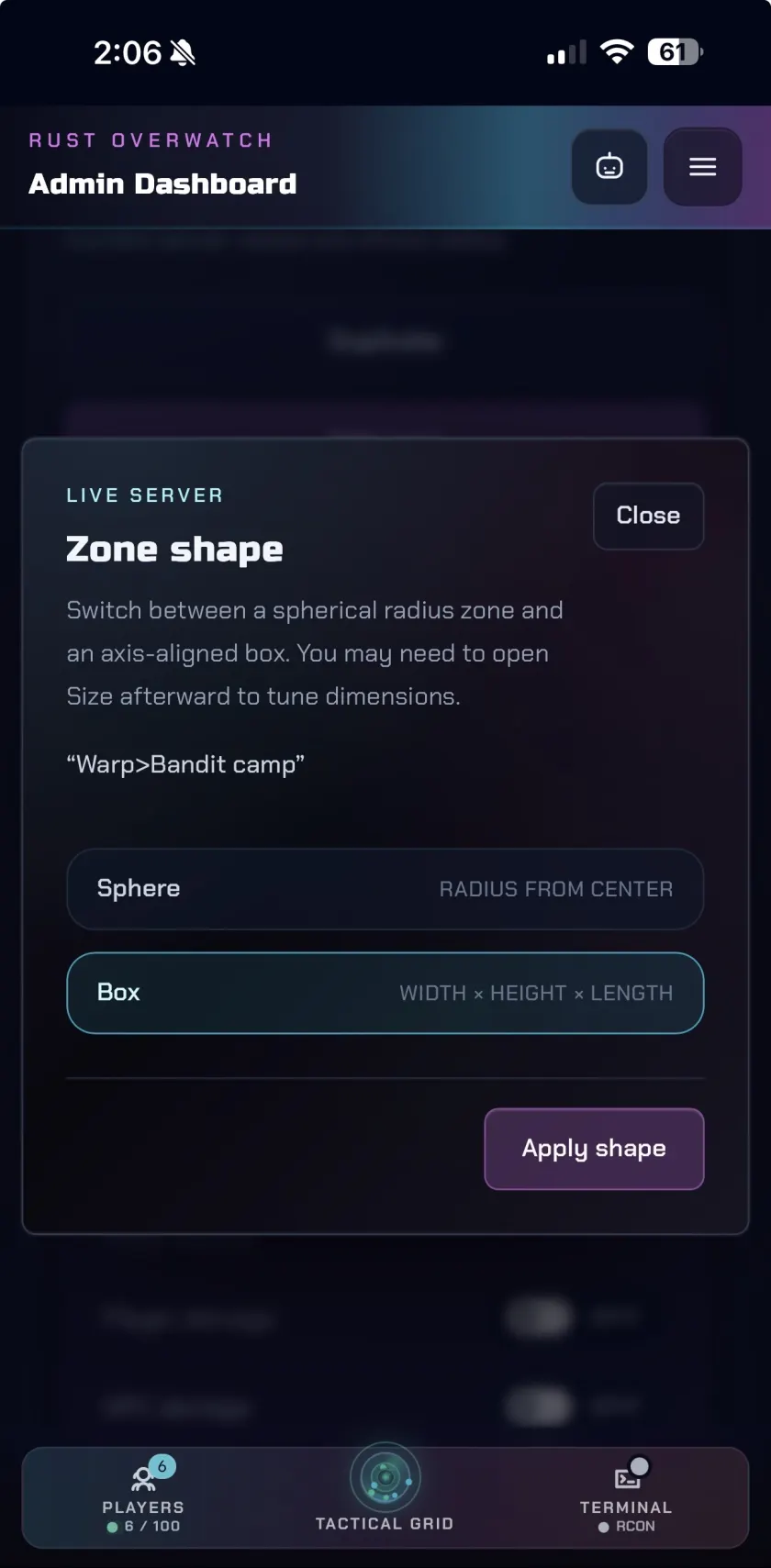 Rust Overwatch zone editor shape selection on mobile.